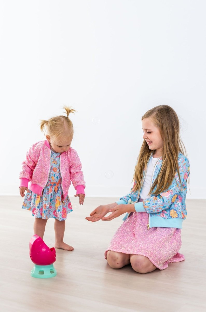 Mila & Rose ® Blue Retro Unicorns Satin Jacket For Girls Perfect Layering - Everetts Place Boutique - 