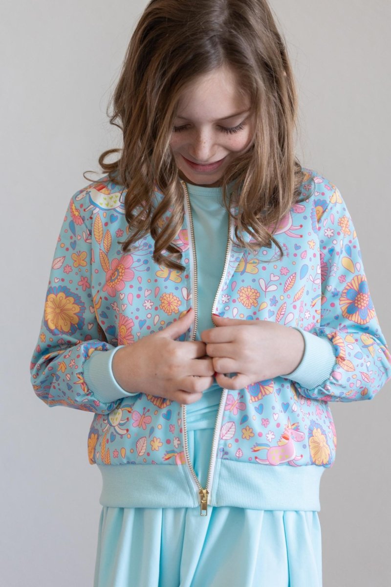 Mila & Rose ® Blue Retro Unicorns Satin Jacket For Girls Perfect Layering - Everetts Place Boutique - 