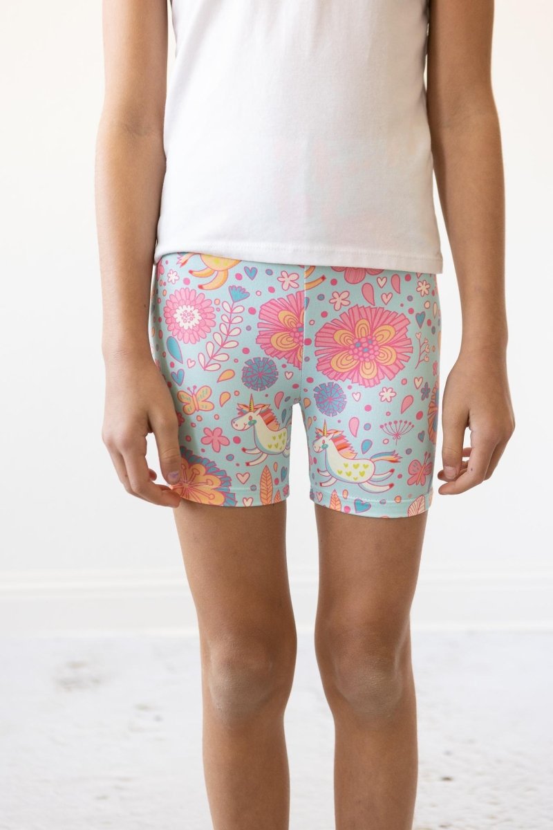 Mila & Rose ® Blue Retro Unicorns Twirl Shorts For Girls Everyday Play - Everetts Place Boutique - 
