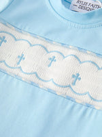 Rylee Faith Designs Blue Smocked Church Christ Bishop Christening Baby Boys Romper - Apparel & Accessories > Clothing > Baby & Toddler Clothing > Baby & Toddler Outfits Romper