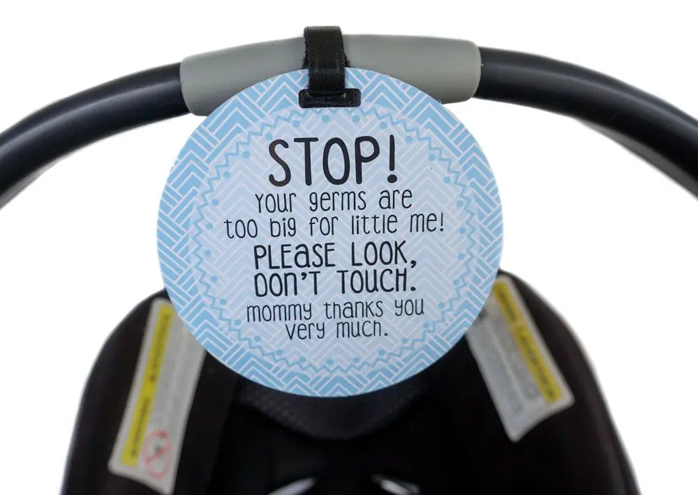 Three Little Tots Blue Stop No Touching Newborn Baby Car Seat Tag - 