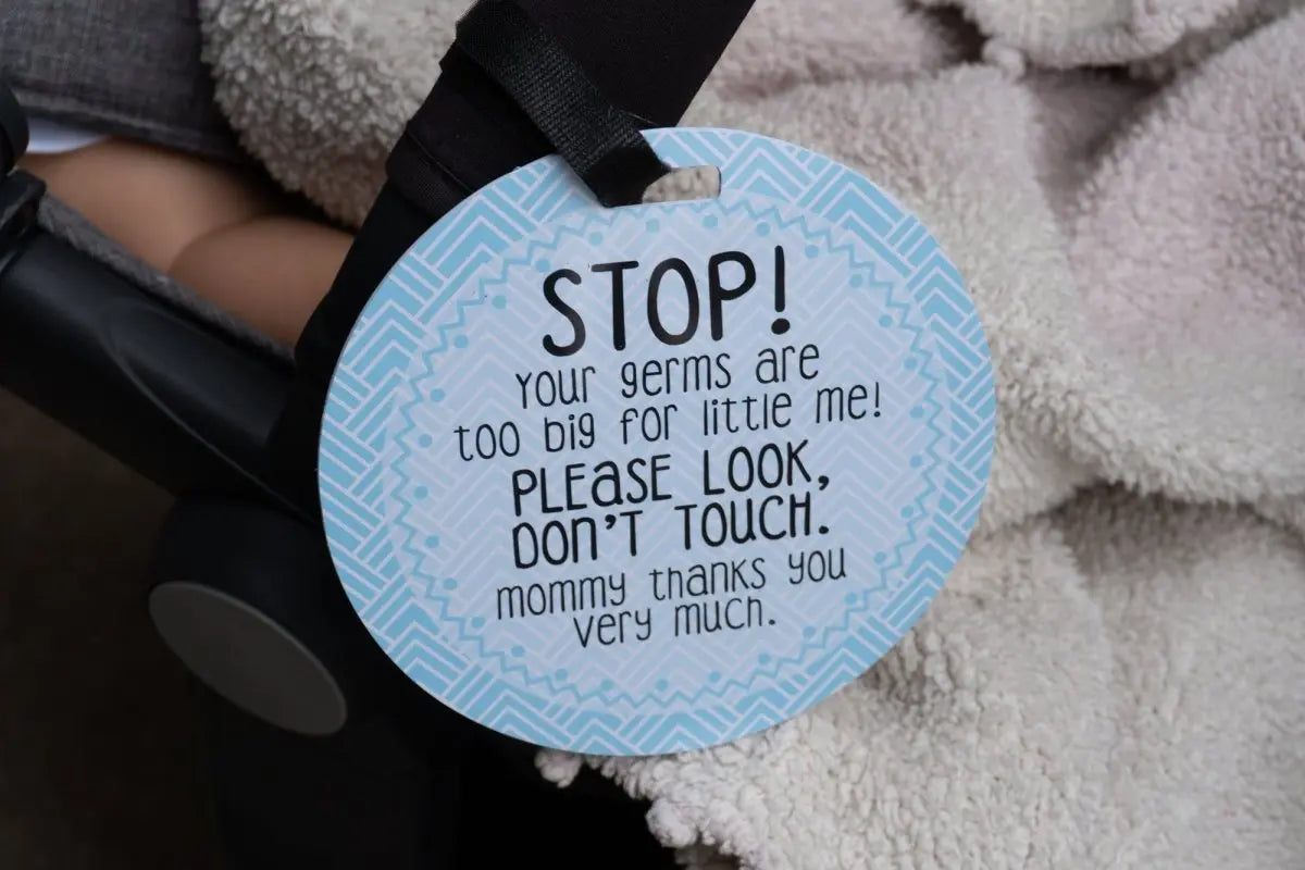 Three Little Tots Blue Stop No Touching Newborn Baby Car Seat Tag - 