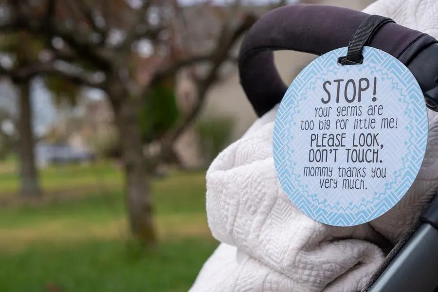 Three Little Tots Blue Stop No Touching Newborn Baby Car Seat Tag - 