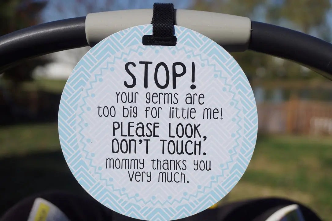 Three Little Tots Blue Stop No Touching Newborn Baby Car Seat Tag - 