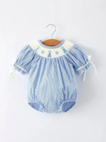 Blue Striped Smocked Romper For Baby Girls Short Sleeves Rylee Faith Designs Everetts Place Boutique