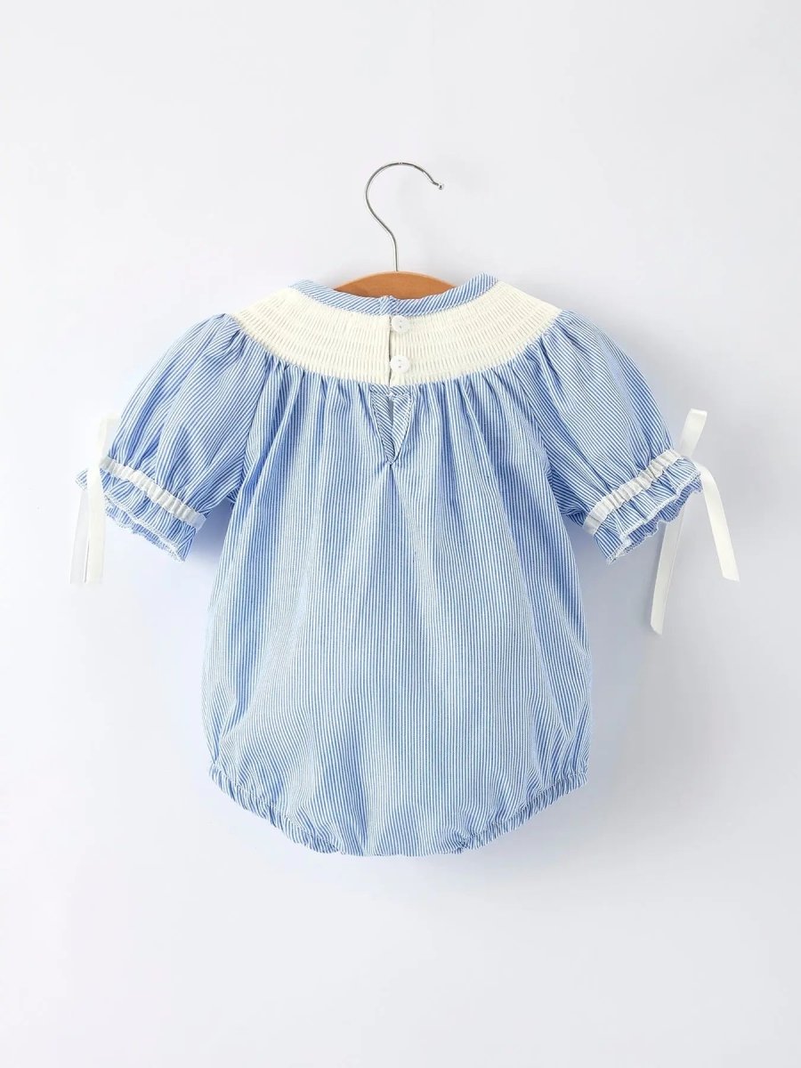 Blue Striped Smocked Romper For Baby Girls Short Sleeves Rylee Faith Designs Everetts Place Boutique