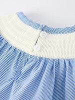 Blue Striped Smocked Romper For Baby Girls Short Sleeves Rylee Faith Designs Everetts Place Boutique