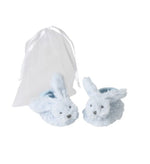 Plush baby slippers with rabbit faces and ears, shown as a pair for tiny feet