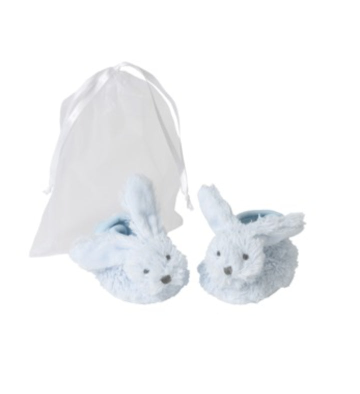 Plush baby slippers with rabbit faces and ears, shown as a pair for tiny feet