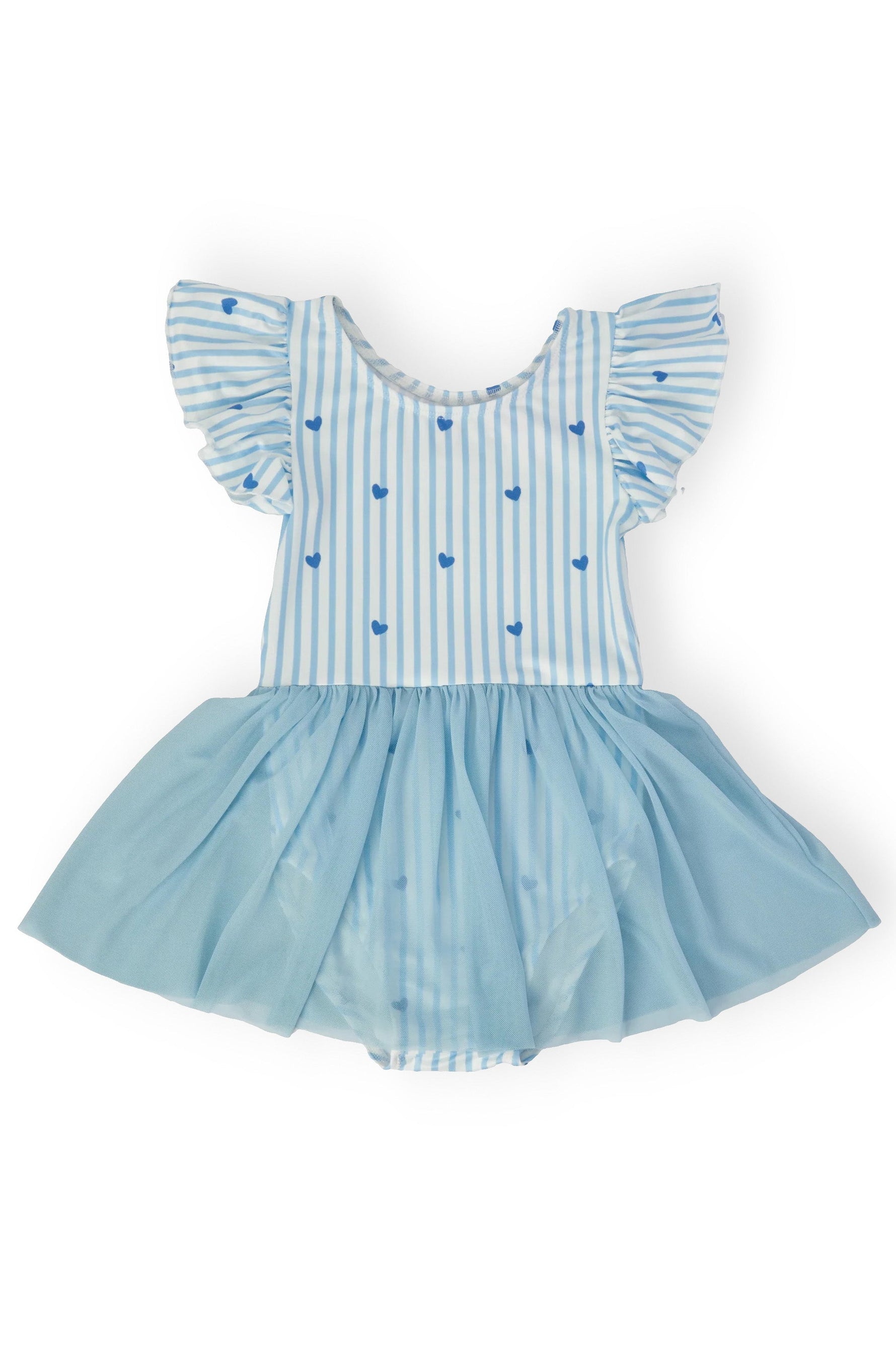 Short-sleeve twirl leotard in blueberry blue with an attached flared skirt