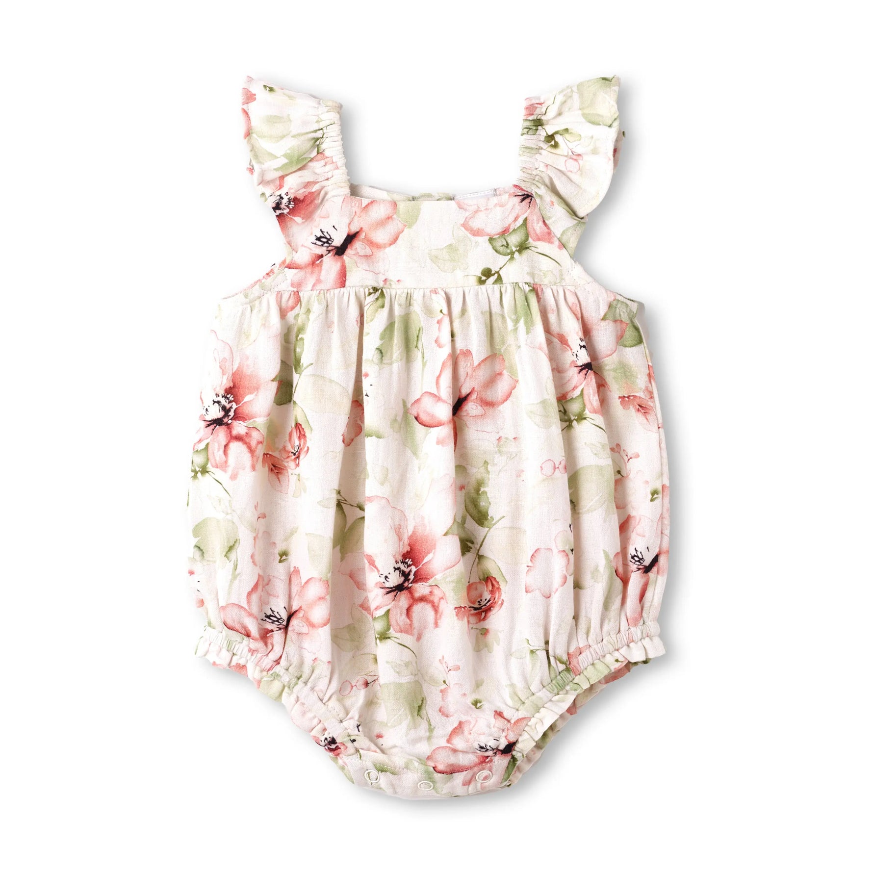 Blush Bouquet Floral Baby Girl Bubble Romper Cotton Linen Sunsuit Tesa Babe 