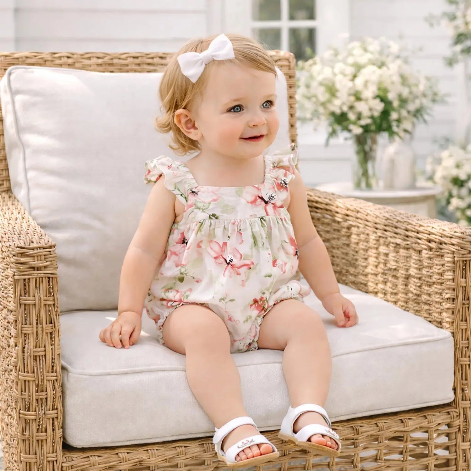 Blush Bouquet Floral Baby Girl Bubble Romper Cotton Linen Sunsuit Tesa Babe 