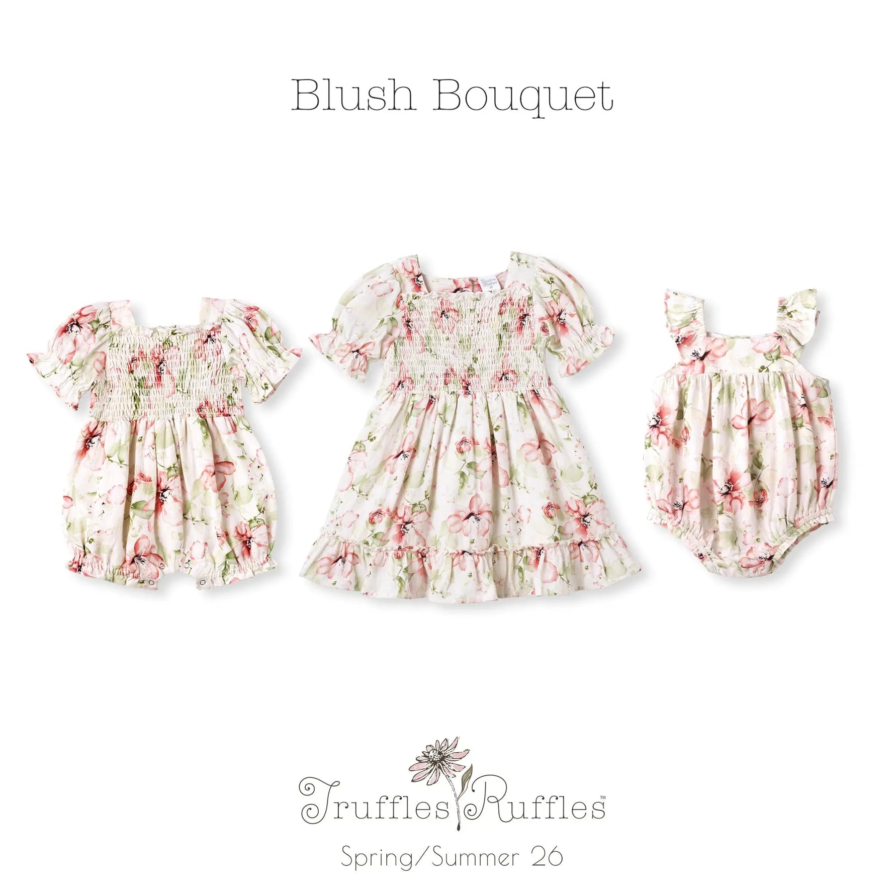 Blush Bouquet Floral Baby Girl Bubble Romper Cotton Linen Sunsuit Tesa Babe 
