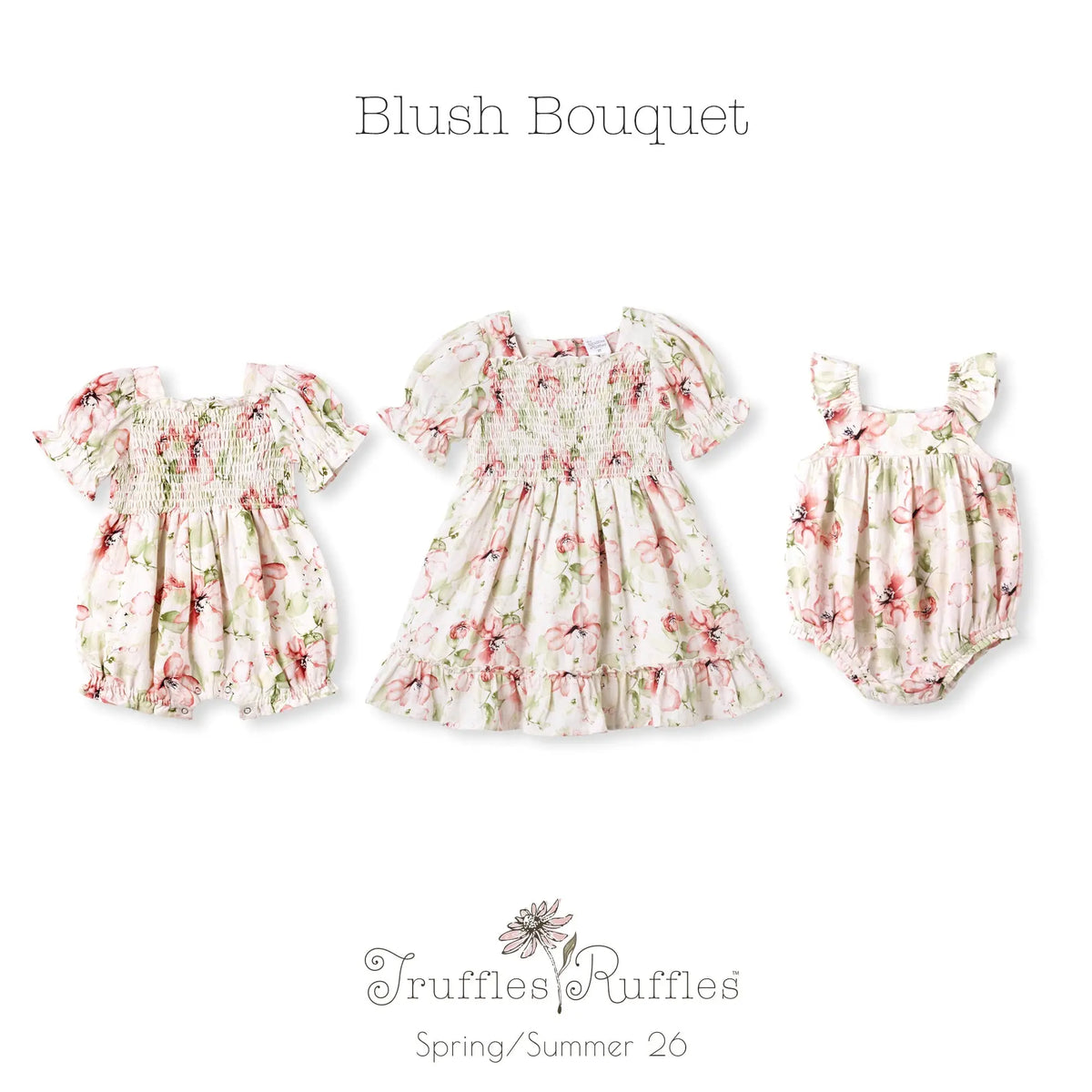 Blush Bouquet Smocked Puff Sleeve Dress For Baby Girls 12M To 6Y Tesa Babe 