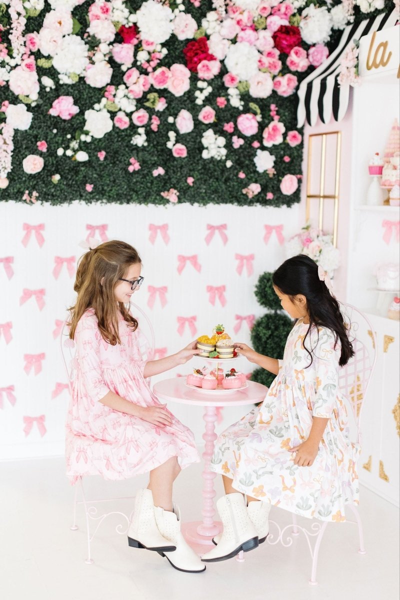 Mila & Rose ® Blushing Bows Twirl Dress With Pockets 3 4 Sleeve Girls - Everetts Place Boutique - 