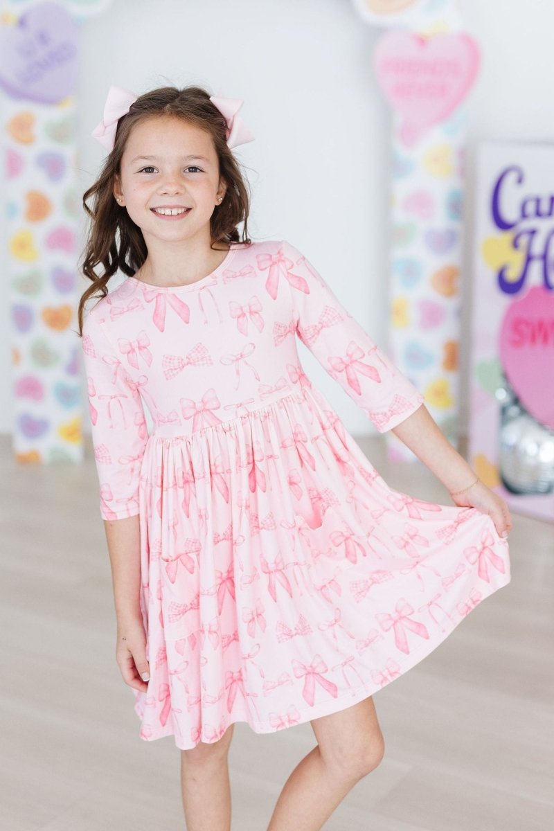 Mila & Rose ® Blushing Bows Twirl Dress With Pockets 3 4 Sleeve Girls - Everetts Place Boutique - 