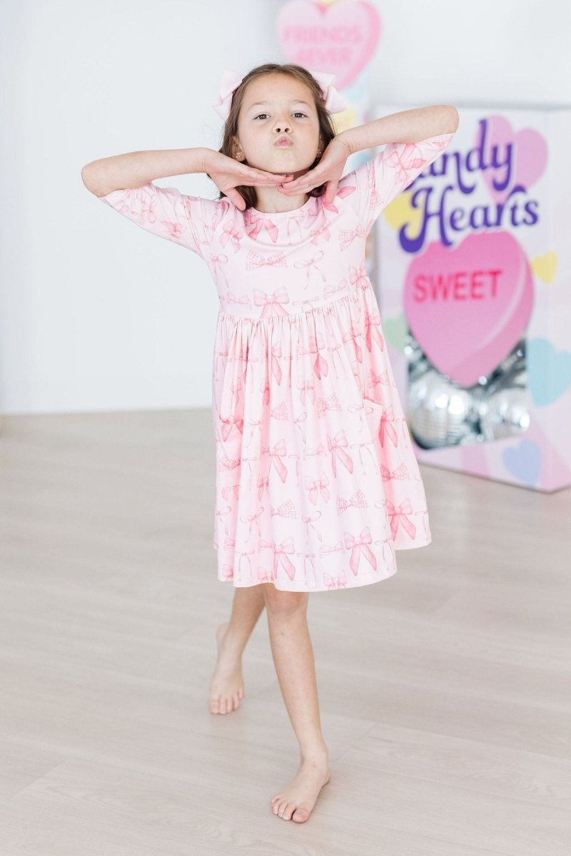 Mila & Rose ® Blushing Bows Twirl Dress With Pockets 3 4 Sleeve Girls - Everetts Place Boutique - 
