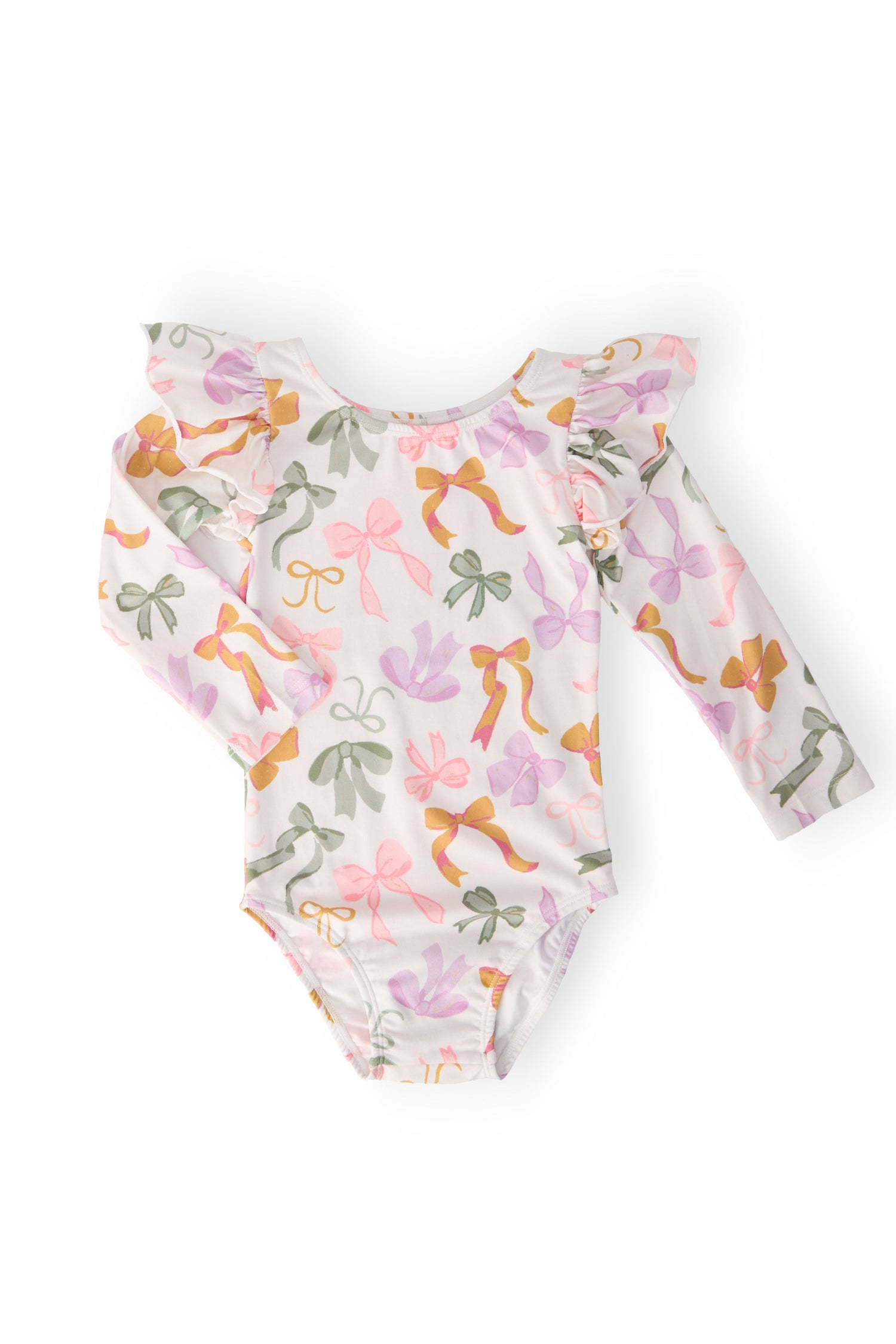 Long-sleeve flutter sleeve leotard with a boho bows print on a soft background