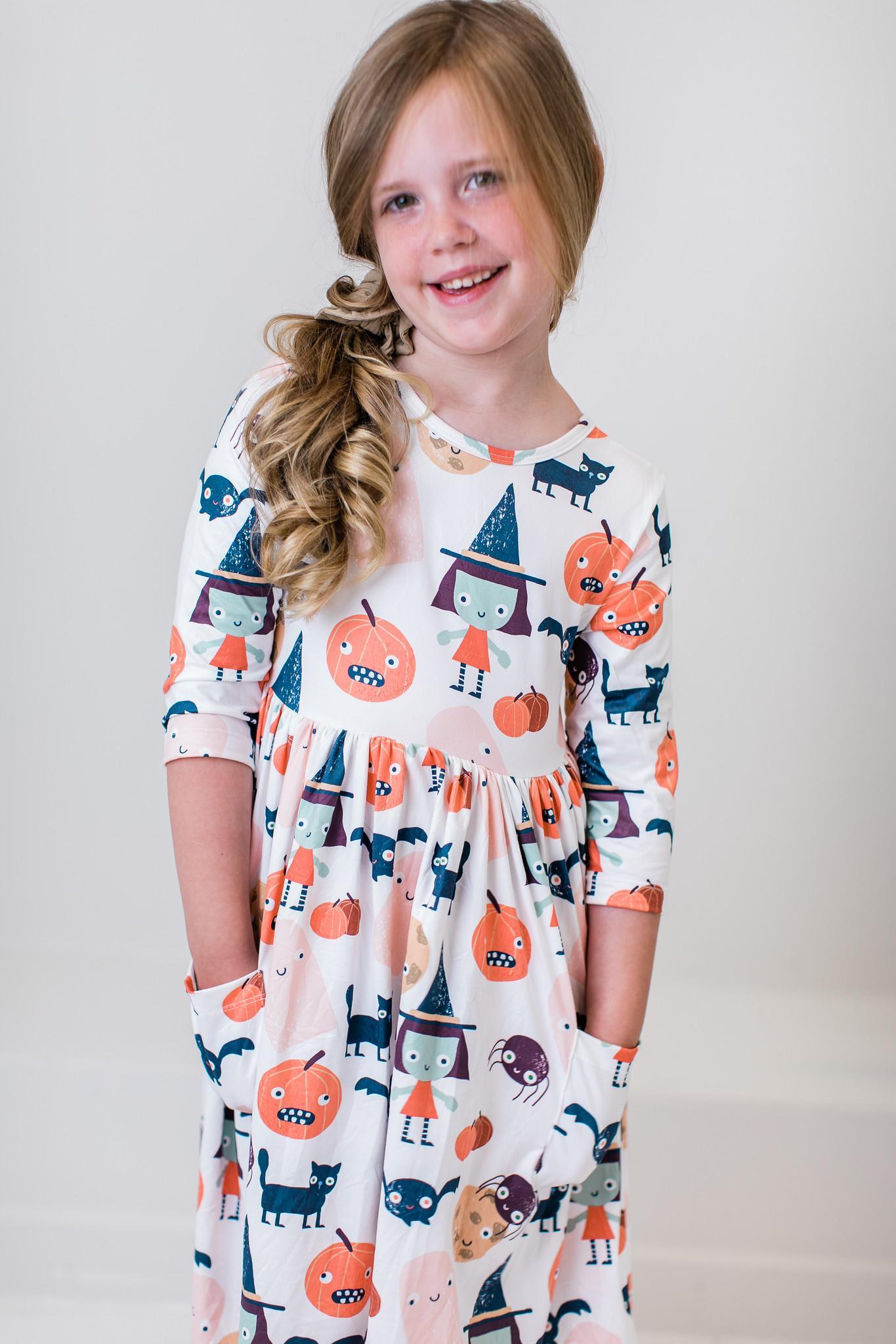 Boo Crew Three Quarter Sleeve Pocket Twirl Dress For Girls Mila & Rose ® Everetts Place: Online Boutique
