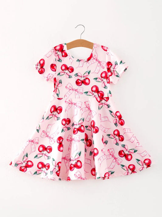 Bow Cherry Cute Girls Dress with Comfortable Fit and Adorable Print Rylee Faith Designs Everetts Place: Online Boutique
