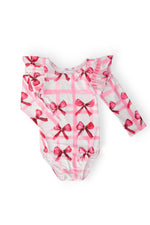 Long-sleeve flutter sleeve leotard with a bow print for little girls