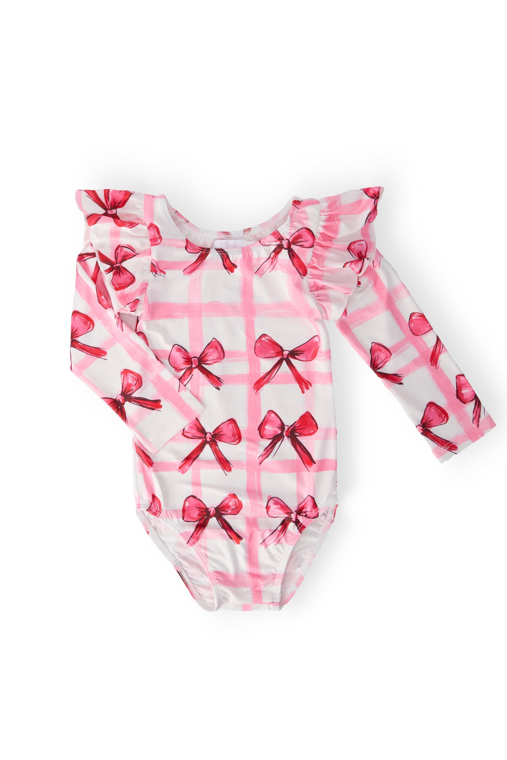 Long-sleeve flutter sleeve leotard with a bow print for little girls