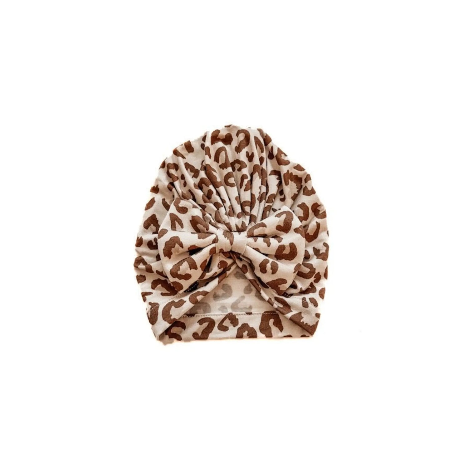 Harp Angel Boutique Soft Leopard Bow Turban Hat for Newborn Girls with Stretchy Comfort - Apparel & Accessories > Clothing Accessories > Baby & Toddler Clothing Accessories > Baby & Toddler Hats Hat