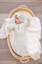 Harp Angel Boutique Soft Bamboo Bow Turban Hat with Sage Ditsy Floral for Newborn Girls - Apparel & Accessories > Clothing Accessories > Baby & Toddler Clothing Accessories > Baby & Toddler Hats Hat