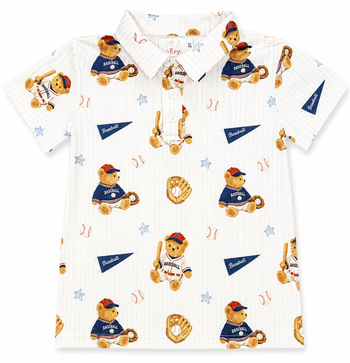Boys short sleeve polo shirt with a baseball bears print and collared neckline
