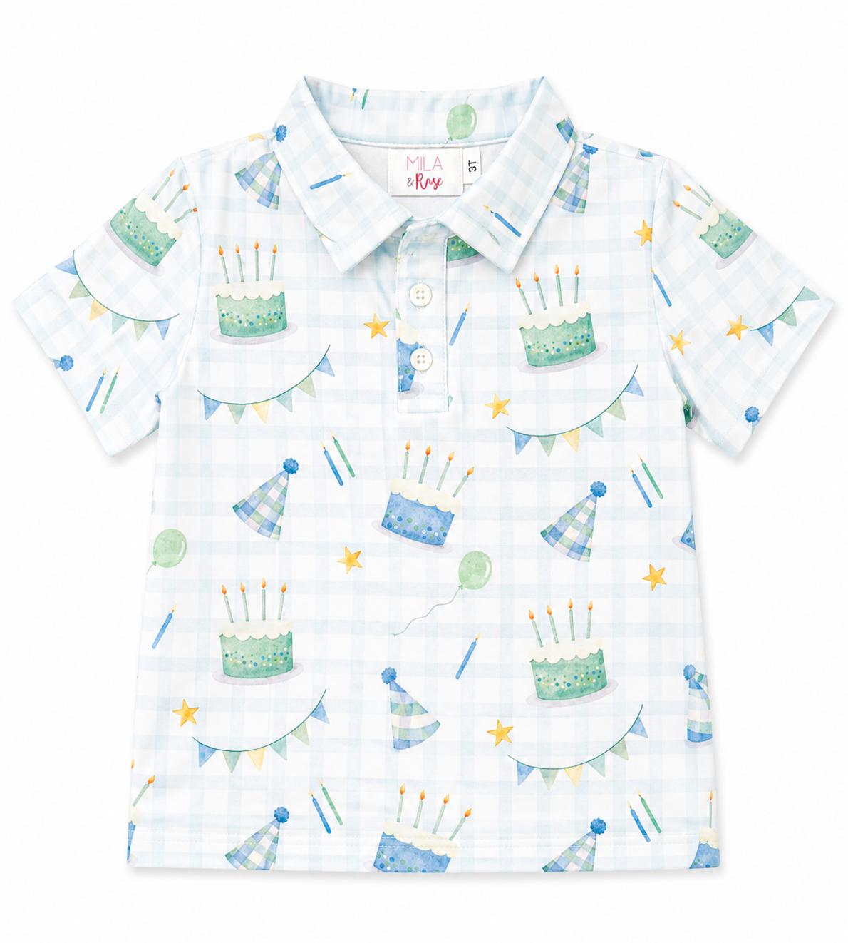 Boys short sleeve polo shirt with a birthday-themed print and classic collar