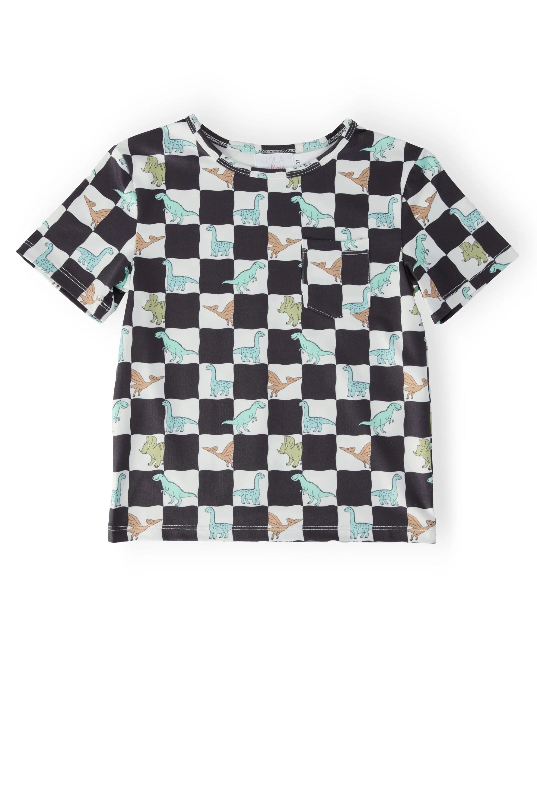 Boys Dino Checkers Short Sleeve Pocket Tee For Casual Everyday Wear Mila & Rose ® 
