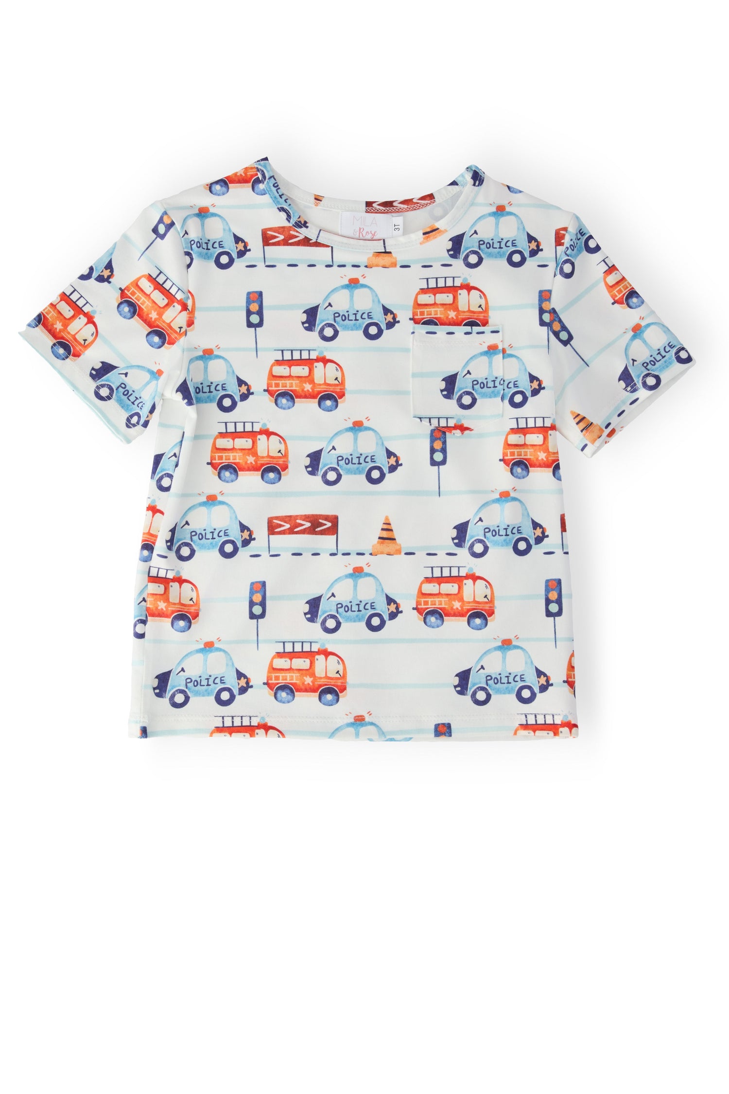 Boys short-sleeve pocket tee with Highway Hero road and truck print and a chest pocket