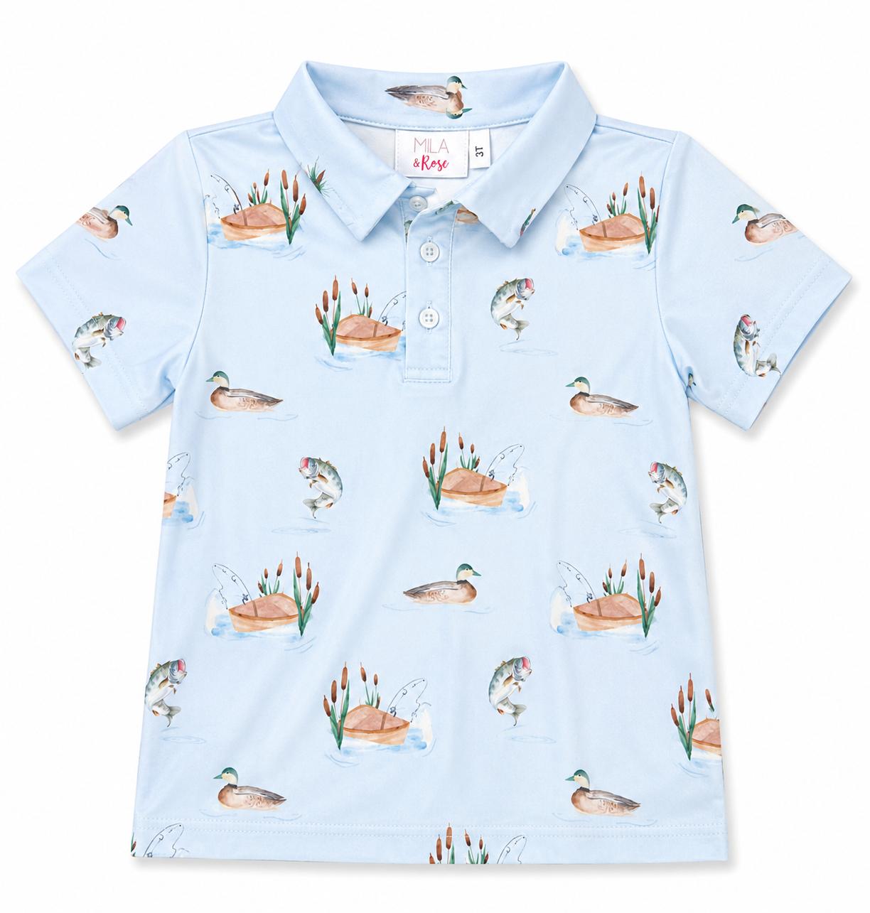 Boys short sleeve Lake Day polo shirt with collar and buttoned placket
