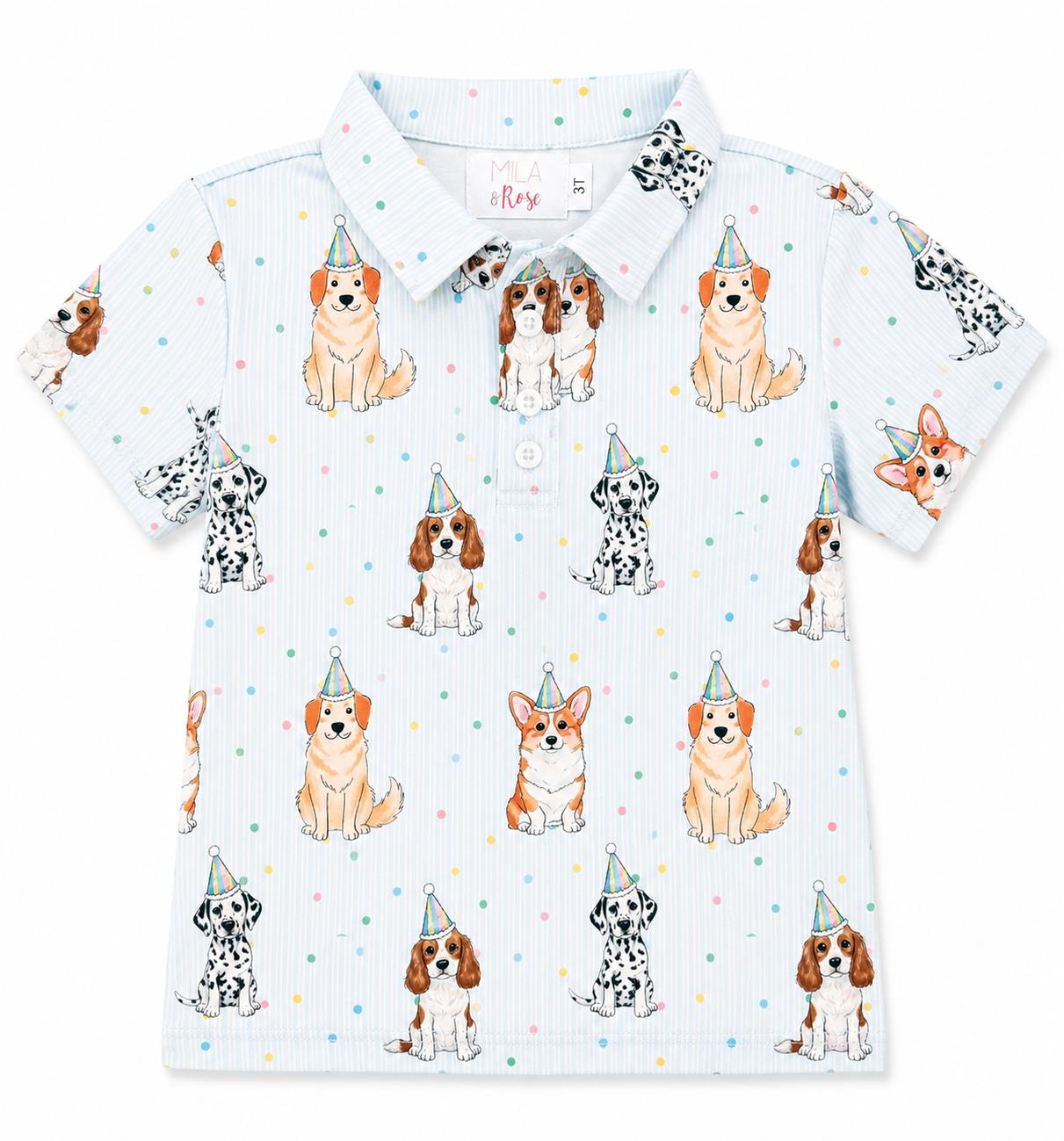 Boys short sleeve polo shirt with a playful party pups print and classic collar.