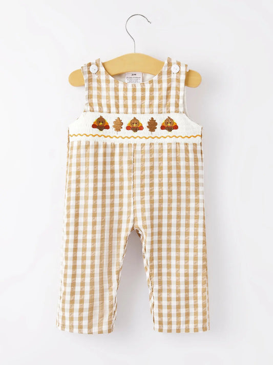 Boys Thanksgiving Smocking Embroidered Brown Plaid Romper Rylee Faith Designs Everetts Place: Online Boutique