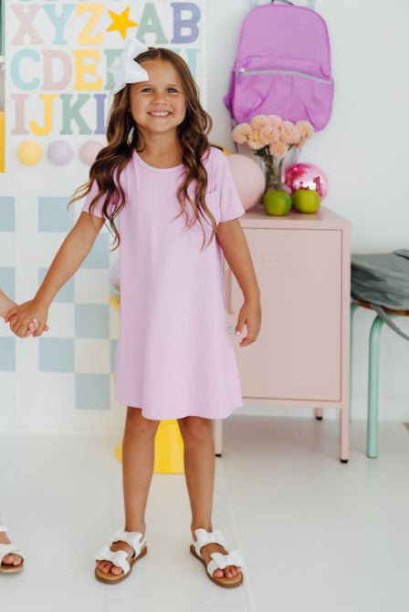 Mila & Rose ® Bright Lilac T Shirt Dress For Girls With Ruffle Pocket - Everetts Place Boutique - 