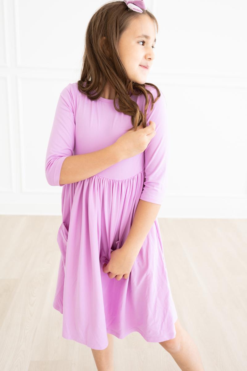 Mila & Rose ® Bright Lilac Three Quarter Sleeve Pocket Twirl Dress - Everetts Place Boutique - 
