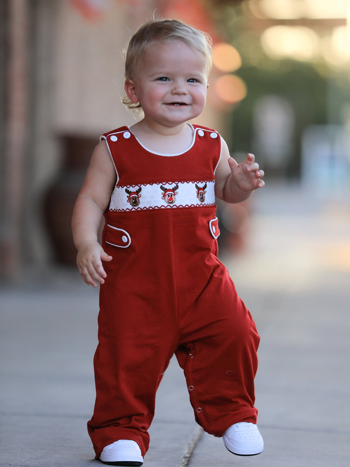 Baby Boys Christmas Reindeer Smocked Red Jonjon by Rylee Faith Designs