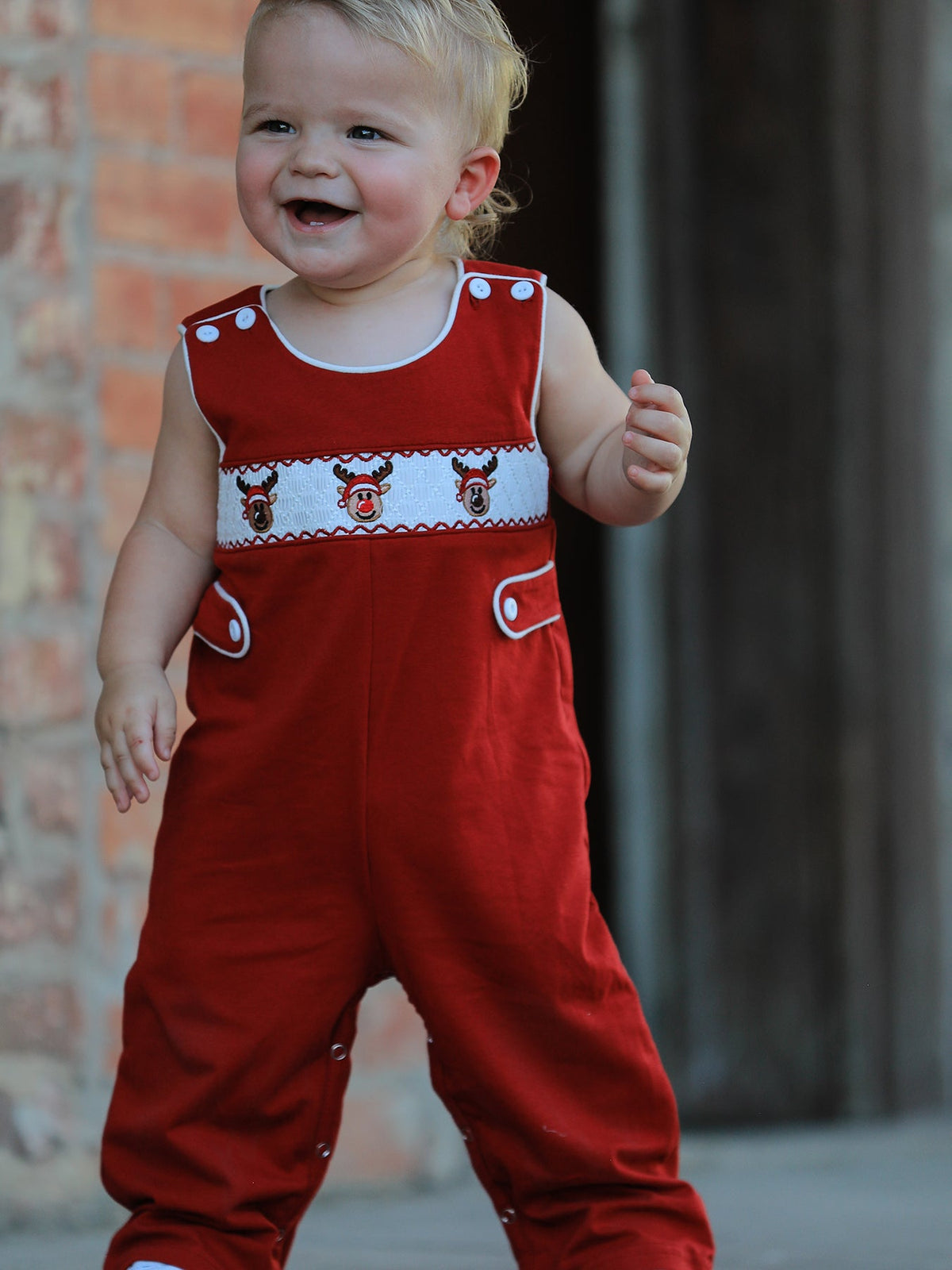 Baby Boys Christmas Reindeer Smocked Red Jonjon by Rylee Faith Designs