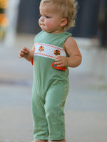 Baby boy romper with chicken smock embroidery across the chest, shown flat for a fall Thanksgiving outfit