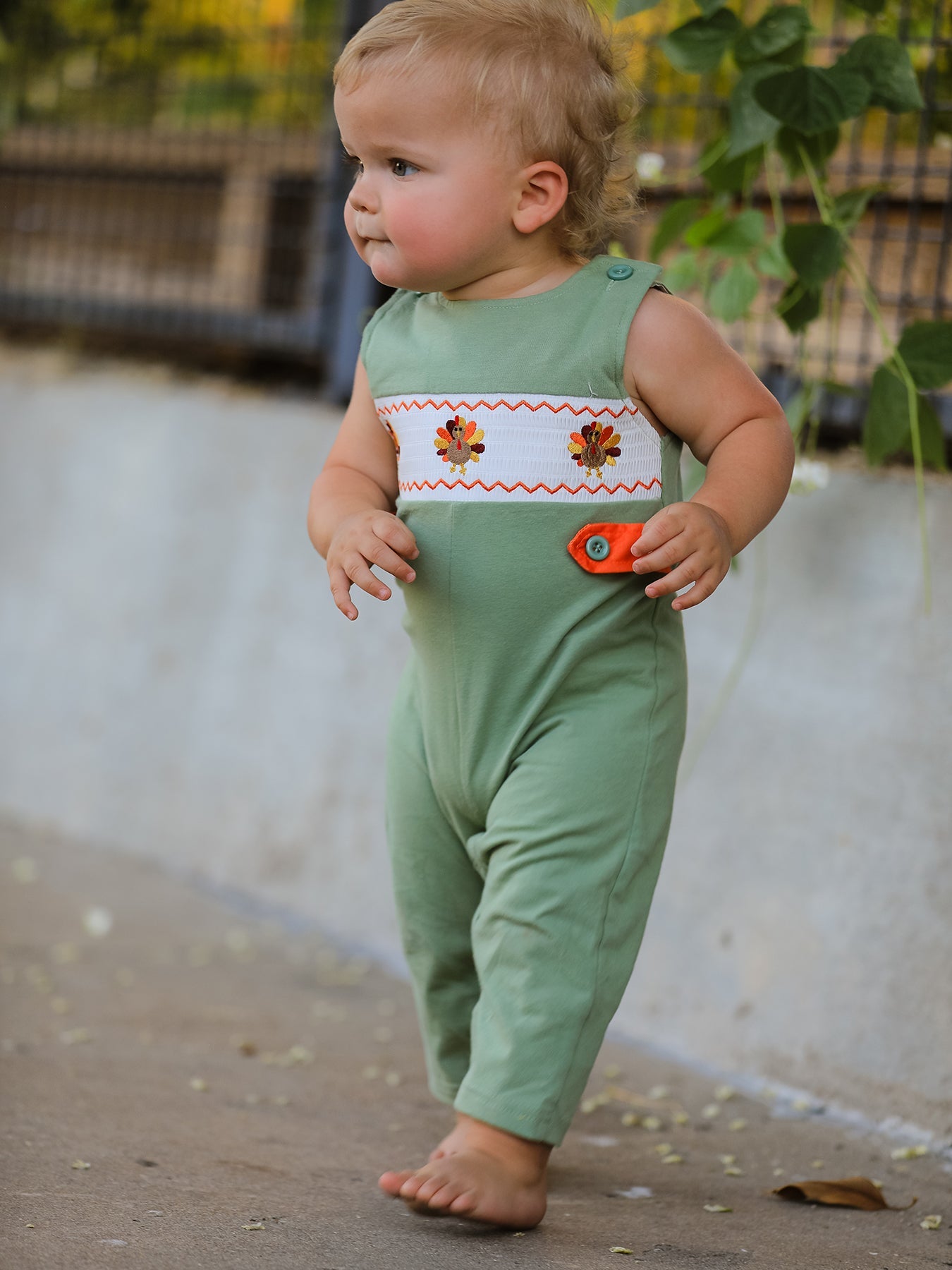 Boys Romper, Fall Thanksgiving Chicken Smock Embroidered