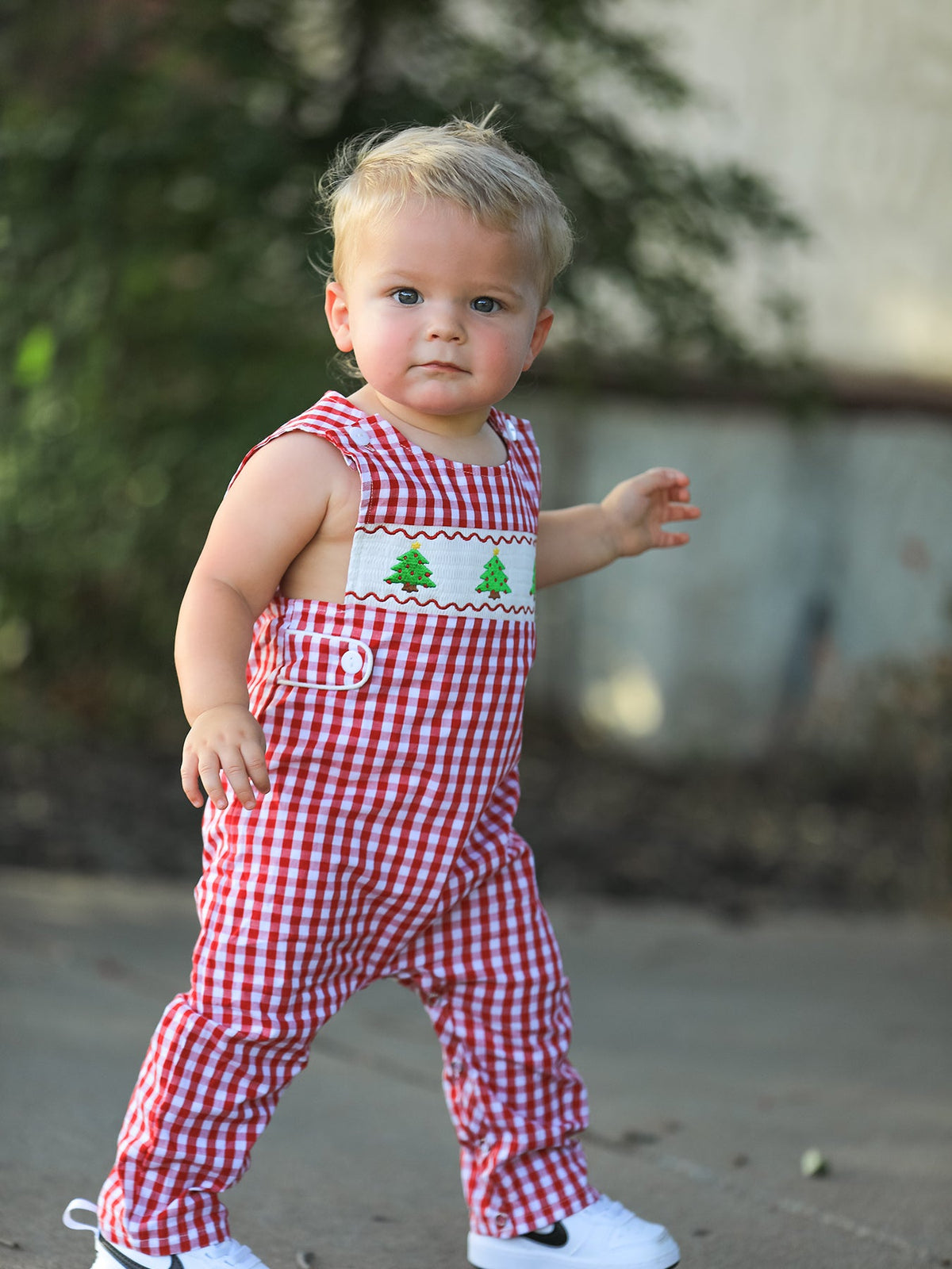 Christmas Smocking Embroidered Christmas Tree Plaid Plaid Baby Boy Romper by Rylee Faith Designs