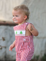 Christmas Smocking Embroidered Christmas Tree Plaid Plaid Baby Boy Romper by Rylee Faith Designs