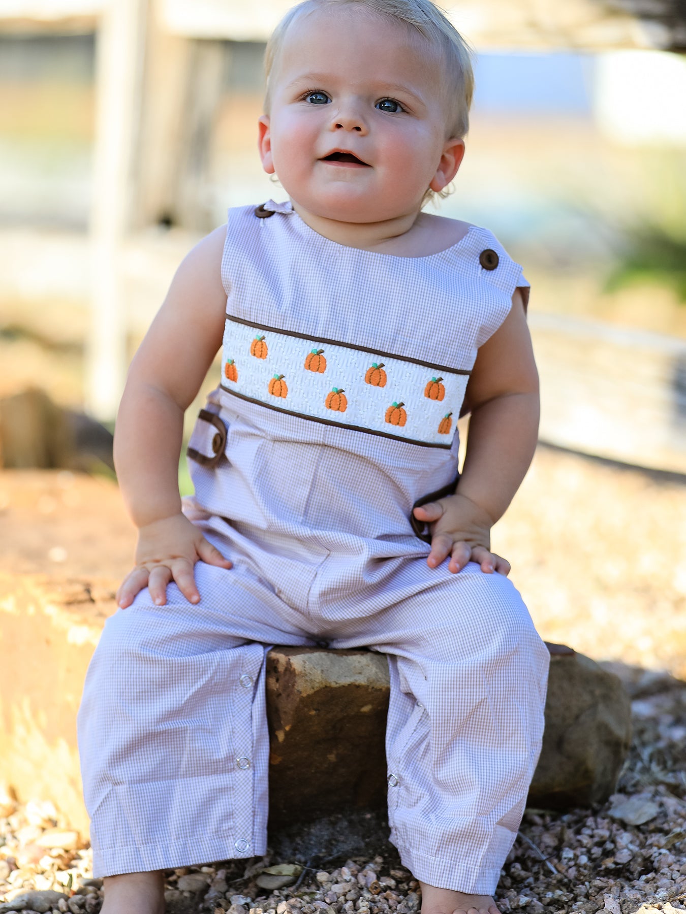 Baby boy romper in fall tones with pumpkin embroidery and a smocked front panel.