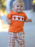 Boys two-piece set with embroidered turkey on the short-sleeve top and plaid pants with side pockets
