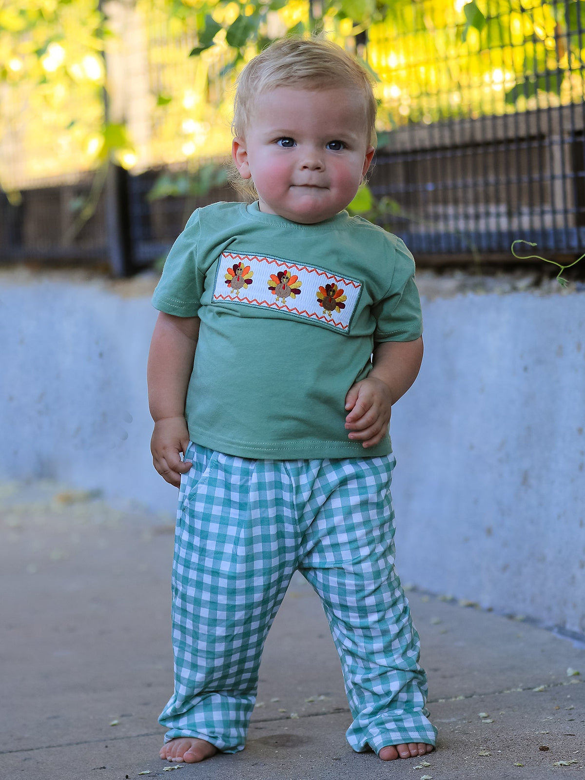 Embroidered Plaid Boys' Set, Fall Thanksgiving Chicken Smock by Rylee Faith Designs