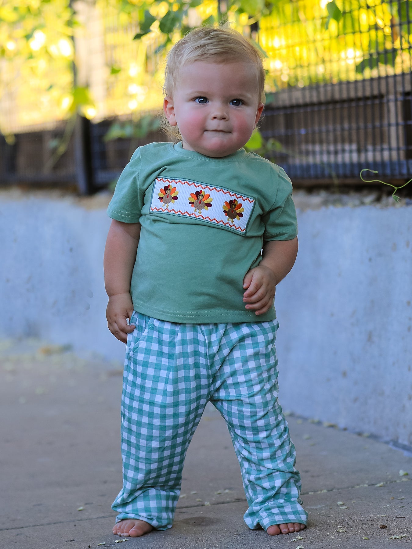 Embroidered Plaid Boys' Set, Fall Thanksgiving Chicken Smock by Rylee Faith Designs