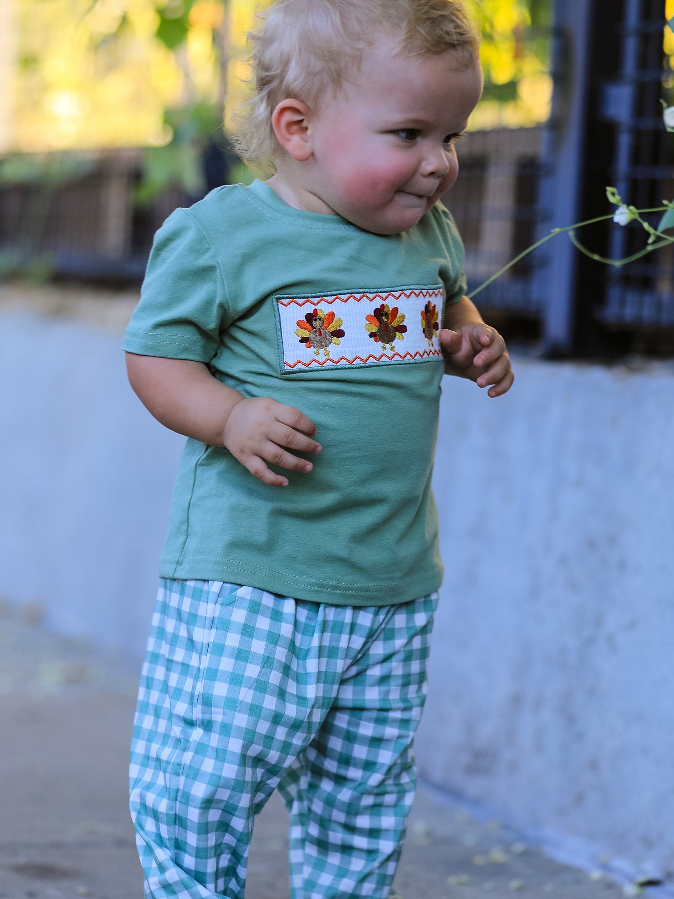 Embroidered Plaid Boys' Set, Fall Thanksgiving Chicken Smock by Rylee Faith Designs