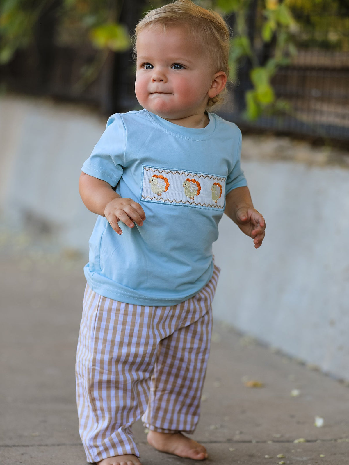 Fall Thanksgiving Plaid Chick Embroidery Smocking Boys Set by Rylee Faith Designs