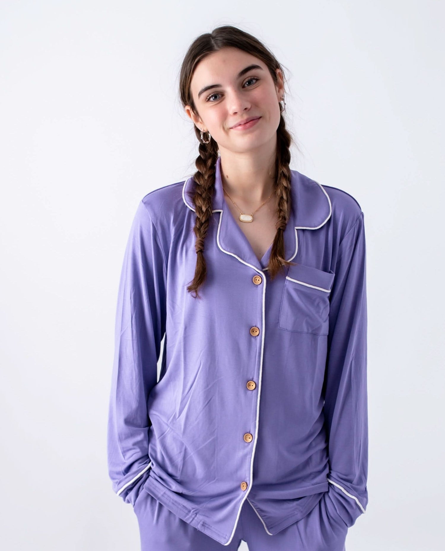 Adult button-up pajama top in the Aster color with a collar and full button front